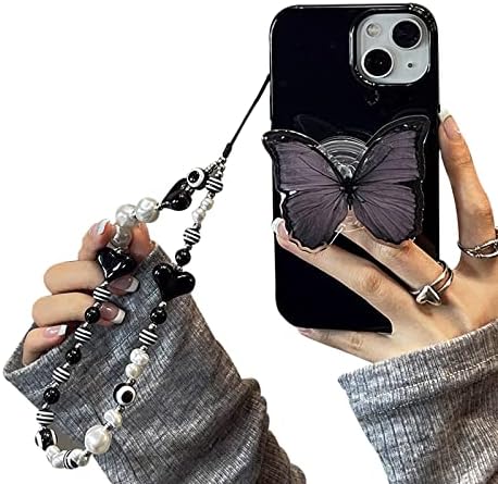 YWYUHE GLOSSY CRNA LEATFLORK-u Kompatibilan sa iPhoneom 14, Koreja Slatka 3D crna kočnica za leptir s leptirom držite postolje crno