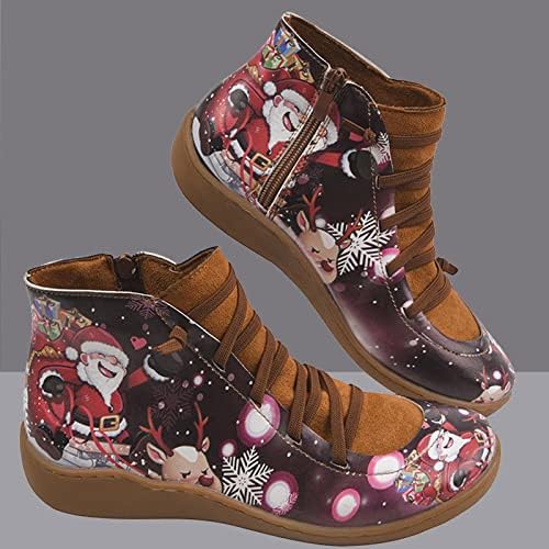 Ženske čizme za gležanj Božićno print Faux kože Sve utakmice cipele cipele čipkaste bočne patentne patentne patentne patentne patentne