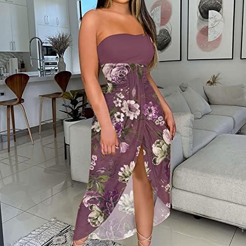 Haljina bez kaiševa za žene bez rukava cvjetni print midi haljina ljetna koktel party haljina ruffle hem flowy boho sundress