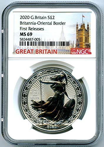 2020. Velika Britanija 1 oz Srebrna Britannia Orijentalna granica Prva izdanja S2PD MS69 NGC