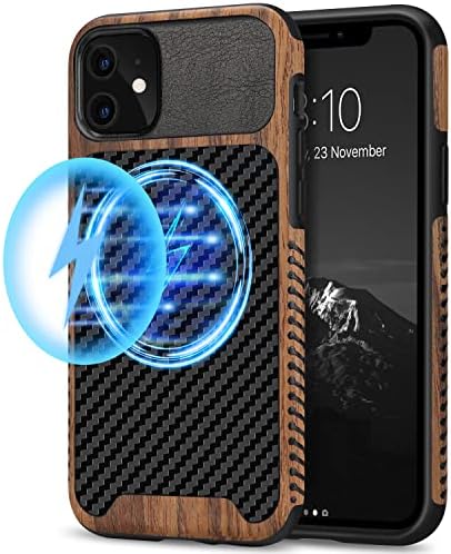 Tendlin magnetska futrola kompatibilna s iPhone 11 Case Wood zrno sa karbonskim vlaknima Teksture dizajn Kožna hibridna tanka futrola crna