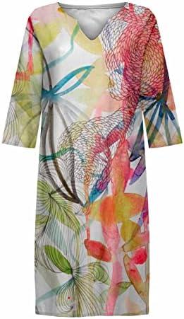 Beuu pamučna line midi haljina za žene V izrez pola rukava cvjetni ispis Duljina koljena ljetna plaža haljina