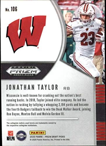 2020 PANINI PRIZM izbora 106 Jonathan Taylor Wisconsin Badgers Dracks RC Rookie zvanično licencirani NCAA Collegiate i NFLPA Fudbal