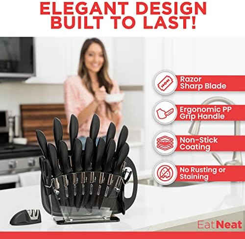 EatNeat Deluxe crni Set kuhinjskih noža od 18 komada i stakleni kontejneri za skladištenje hrane od 10 pakovanja sa hermetičkim poklopcima