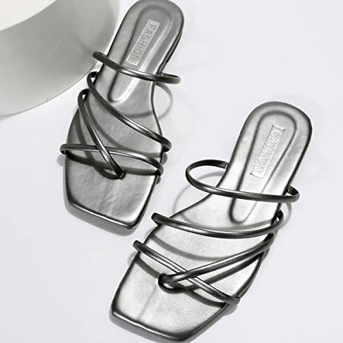 Ravne papuče za žene 2023 ljetni modni trak Slides cipele s kvadratnim izrezom ženske sandale na plaži natikače