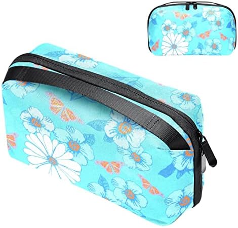 Travel Makeup Bag Vodootporna kozmetička torba torba za torba za šminku za žene i djevojke, bijeli cvjetni cvjetni leptir ljeto plavo