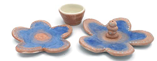 Keramični set od 3 slatka keramička komada ručno osposobljena plava i ružičasta 1 tamjan držač za tamjan, 1 cvijeće i 1 mala posuda