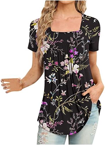 Ženska 2023 tunika ljetni kratki rukav gornji kvadratni vrat Plisirana bluza košulje kratki rukav cvjetni Print Tees Tshirt