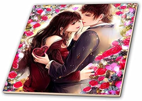 3drose Valentines Day. Divan, sretan mladi par. Cvijeće ruže. Poklon, pločice sa kartama