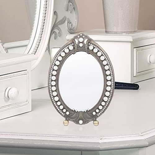 Beaupretty starinsko metalno Desktop ogledalo sa postoljem dekorativno stolno ovalno ogledalo Retro biserno Kozmetičko ogledalo za