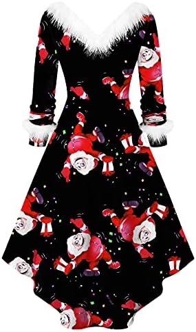 Midi haljine za ženske Božićne štampane koktel banketne haljine Čajna haljina krznena kragna Dugi rukav Swing haljina