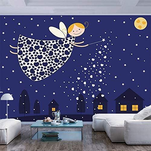 77x55 inča zidni mural, djevojke djeca crtana slatka vila u nebu lijevanje magije preko kuća srca zvijezde ljušti i samoljepljivi