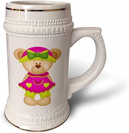 3Droza Slatka djevojčica medvjeda u ružičastoj i limunskoj zelenoj ilustraciji - 22oz Stein šolja