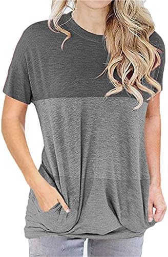 Andongnywell žene Casual sleep rukav posada vrat T-Shirt labave boje blok strani vrhovi bluza sa džepom