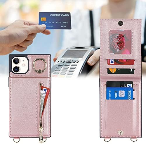 Ｈａｖａｙa iPhone 12 futrola za telefon sa držačem kartice, iPhone 12 Pro torbica za žene,torbica za novčanik sa patentnim zatvaračem sa slotovima za kreditne kartice i prsten-Rose Gold