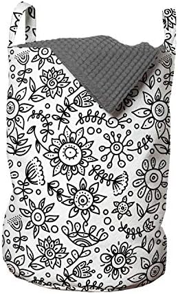 Ambesonne crno-bijela torba za veš, cvjetna kompozicija Doodle Style Foliage Sketch apstraktna ženska tema, korpa za korpe sa ručkama