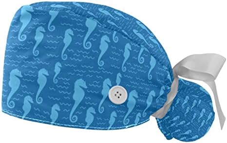 Hippocampus plava podesiva radna kapa s držačem za konju, 2 paketa piling kapu za čišćenje Bouffant Hat za muškarce i žene, jednu veličinu