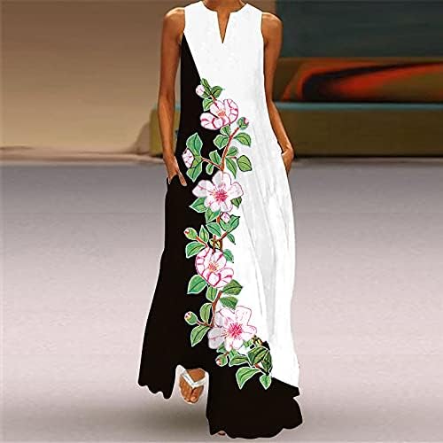 Maxi haljine za žene Casual V izrez cvjetni Print duga haljina ljeto bez rukava Flowy Beach Tank sarafan sa džepom