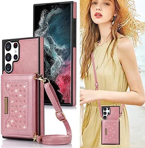 KUDEX za Galaxy S23 Ultra Crossbody novčanik slučaj, Glitter Bling koža RFID Blokiranje držač kartica slota Lanyard Strap torbicu slučaj za žene djevojke kompatibilan sa Samsung Galaxy S23 Ultra