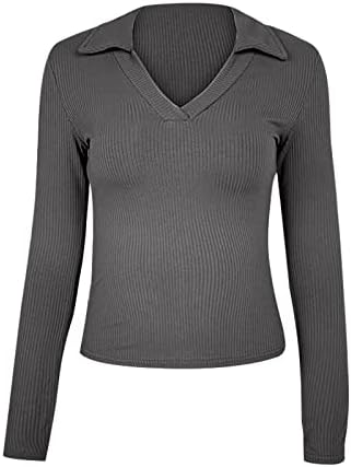 Košulje dugih rukava za žene rever V izrez Osnovni uski džemper vrhovi rebrasti pleteni čvrsti pulover džemper bluza