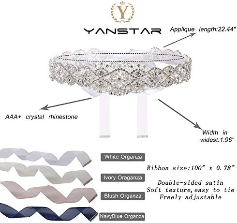 Yanstar Svadbeni pojas ručni vještački vjenčani pojas jasan Kristal dužine 22 inča sa bijelom trakom od organze za vjenčanicu