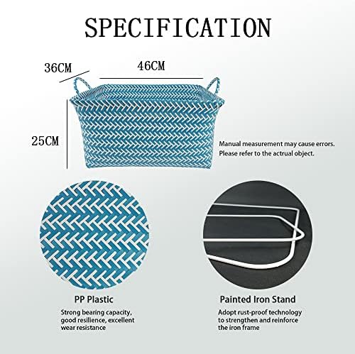 Xheir izuzetno velike plastične korpe za veš, poklon korpa pravougaonog tkanja za organizovanje sa ručkama, plava i bela, 18,1 x 14,1x