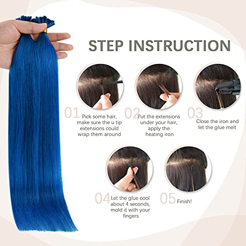 RUNATURE Blue Hair Extensions Tape in Human Hair And u Tip Hair Extensions 22 Inch