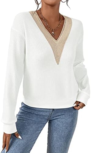 Duks Ženska ležerna kontrastna čipka V izrez dugih rukava Drop na ramenu majica s pulover s pulover s čvrstim mekim