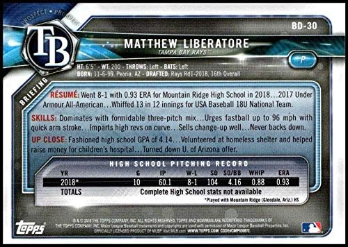 2018 Bowman nacrt BD-30 Matthew Liberatore RC Rookie Tampa Bay Rays MLB bejzbol trgovačka kartica