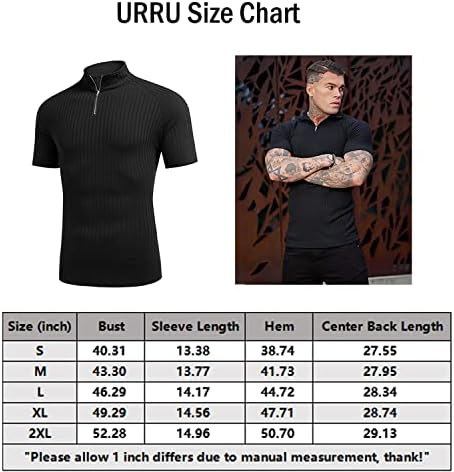 URRU muške majice za mišiće rastezljive kratke rukave sa zatvaračem Polo majica Casual Slim Fit Tee Shirts