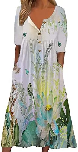 Miashui Beach Maxi haljine ženske cvetne štampe kratke rukave haljine Casual okrugli vrat dugmad džepovi duga Flare haljina za