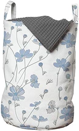 Ambesonne Floral torba za veš, Cosmos Flowers Blue sivi tonovi jednostavna i kontinuirana kompozicija, korpa za korpe sa ručkama zatvaranje