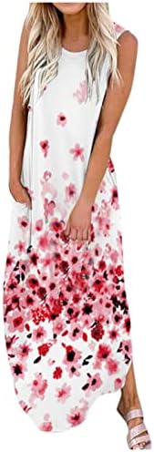 Jiabing Ljetne haljine za žene Ležerne prilike bez rukava Floral Split Maxi haljine Boho Plaža Tange haljina s džepovima