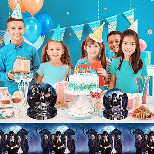 41kom srijeda Addams rođendan stolnjak, srijeda Party Dekoracije uključuju 1kom pravougaonog vodootporan stolnjak, 10kom ploče 7,10kom ploče 9 i 20kom salvete za rođendansku zabavu dekoracije