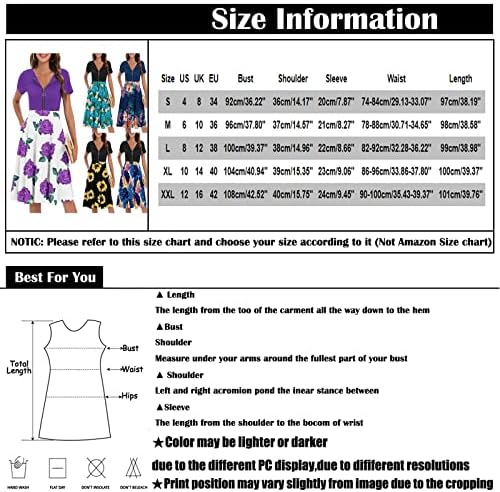 Fragarn Formalne haljine za žene plus veličine, ženski ljetni casual tiskani kratki rukav V-izrez zip džep retro struka