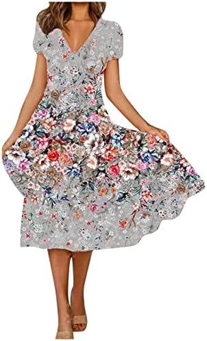 Ležerne haljine za žene, žensko ljetno casual modno cvjetno ispis kratkih rukava V-izrez