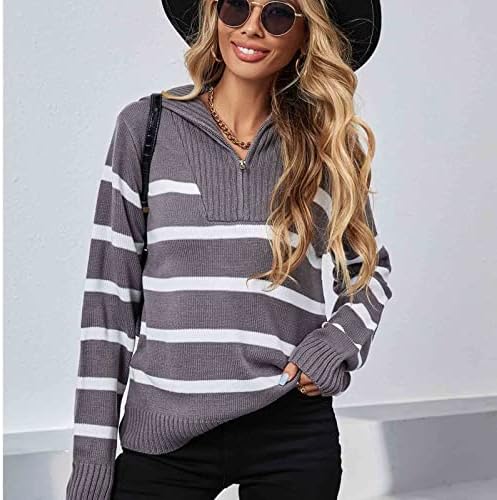 Ženski poluzemni džemperi vrhovi ležerne tastere za ovratnike Stripes Ispiši rebrasti pleteni pleteni pulover džemper pletiva Jumper Bluza