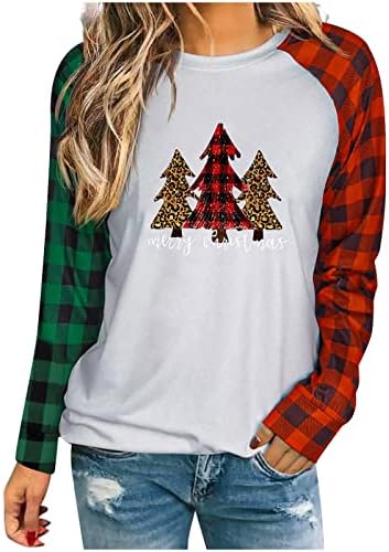 Božić Duks za žene božićno drvce karirani Print Raglan Dugi rukav okrugli vrat Tee Shirt Božić pulover Tops