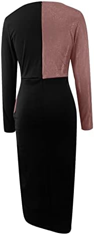 Ženska Colorblock Wrap High Split Bodycon Party Dress Casual duge rukave V-izrez koktel večernje Midi haljine