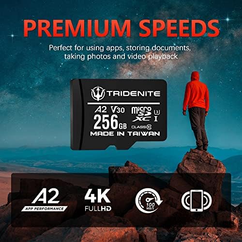 TRIDENITE 256GB Micro SD kartica, MicroSDXC memorija za Nintendo-Switch, GoPro, Drone, Smartphone, Tablet, 4K Ultra HD, A2 UHS-I U3 V30 C10, do 100MB / s čitanje, sa SD adapterom