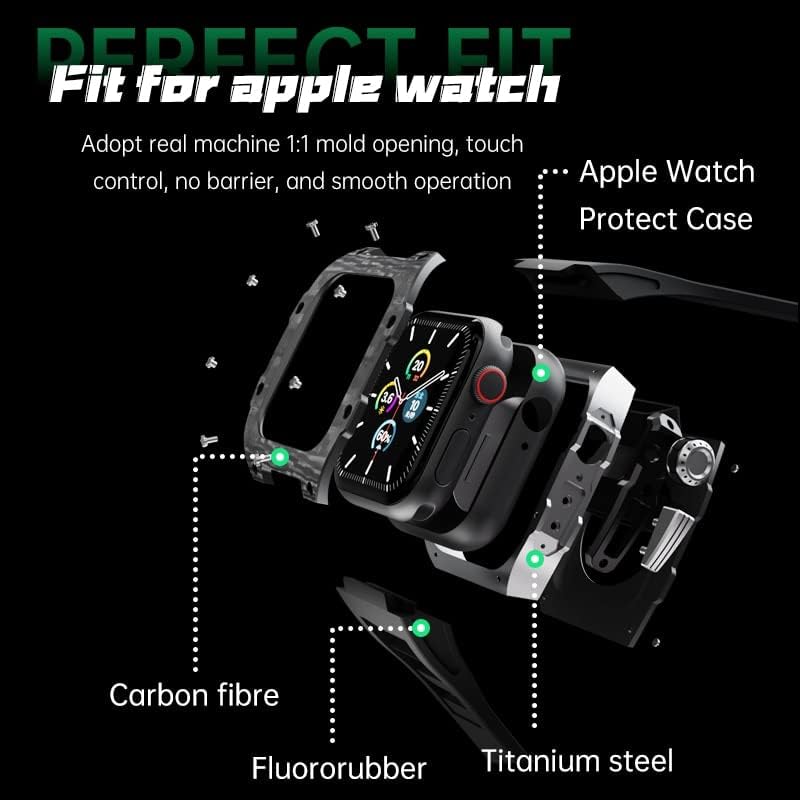 Ekins Real Carbon Fiber-ov način modifikacije za Apple Watch serija 7 6 SE 5 4 Čula od nehrđajućeg čelika + gumeni remen za iWatch