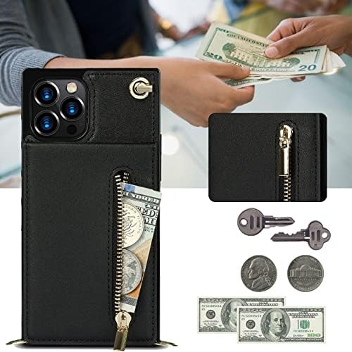 Crossbody torbica za novčanik za iPhone 14 Pro sa držačem kreditne kartice, kvadratna futrola za telefon sa postoljem, preklopna kožna torbica sa patentnim zatvaračem magnetno zatvaranje sa odvojivim remenom za žene djevojke ljubičasto