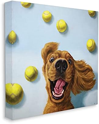 Stupell Industries Happy Smiling Pes psa sa žutim teniskim kuglicama, koju je dizajnirao Lucia Heffernan platnena Zidna umjetnost, plava