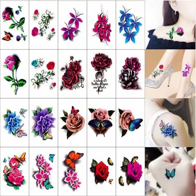 20pcs / lot 3D Vodootporna privremena tetovaža Ženska crna ruža cvijeće Leptir lažne tetovaže Tatuajes temporalisti