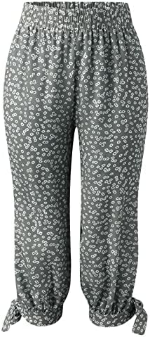 ZDFER Womens cvjetni print Lanene kapri hlače elastični struk obrezane pantalone Ženske ljetne pantalone sa džepovima