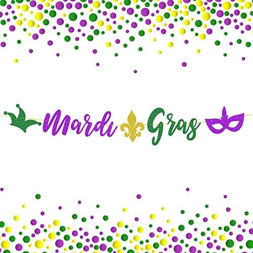 Mardi Gras BANNER GARLAND, GLITTER zeleni ljubičasti zlatni baneri Mardi Gras maska ​​Viseće ukrase za maskarsku kostimu Cosplay party New Orleans Decor
