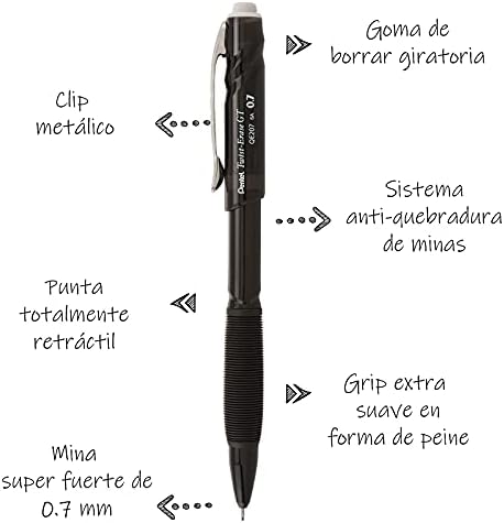 Pentel Twist-brisanje GT, 0,7 mm, mehanička olovka transparentna crna, kutija od 12
