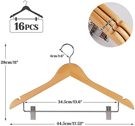 HOUÍSM 16PACK Drvene vješalice sa kopčom, hlače od punog drveta Natural Smooth Finish Visokim odabranim vješalicama od drveta sa čvrstim metalnim isječcima za bluzu haljinu