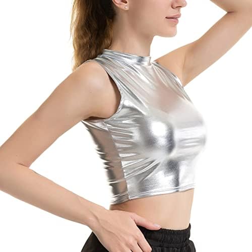 Haicryli - ženski sjajni metalni usjev top mock izrez vrata bez rukava na vrhu rave ples bustier vest clubewear