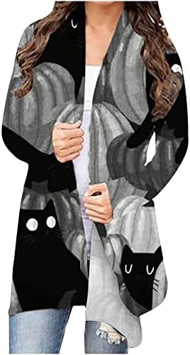 Ženska Noć vještica s dugim rukavima otvoreni prednji kardigani Pleteni džemper Gothic Spider Funny Cat Print Out s kaputom